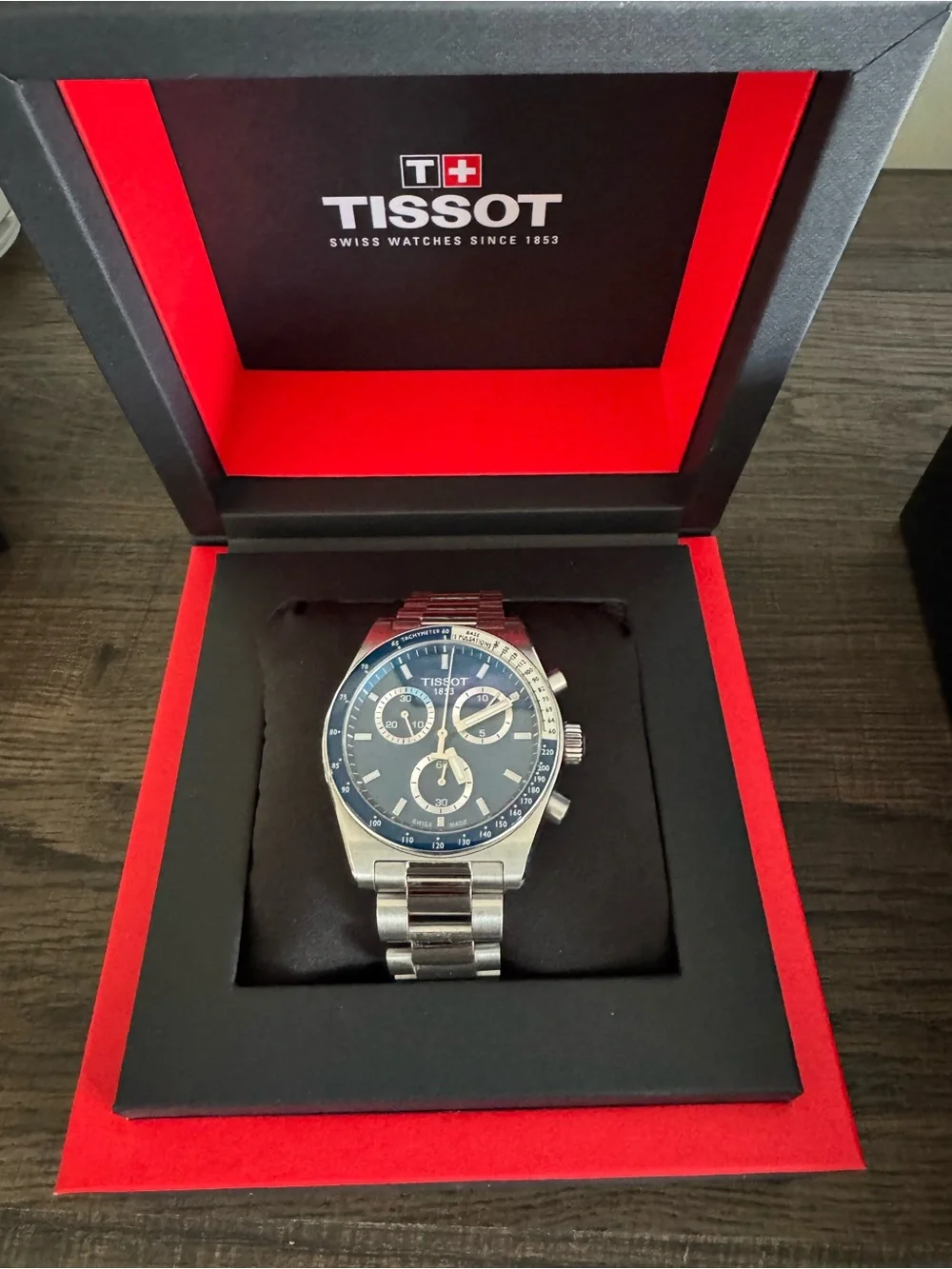 Tissot PR516 Blue Dial Chronograph Stainless Steel Watch Box & Extra Links